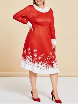 Plus Size Christmas Snowflake A Line Velvet Panel Dress - RED - 1X