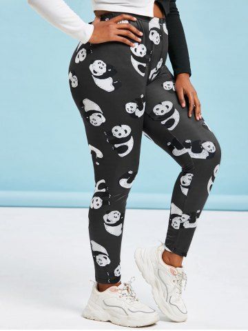 Plus Size High Waist Panda Print Fitted Leggings - BLACK - 4X