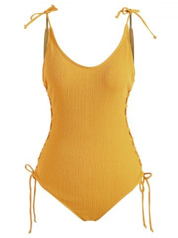 Lace Up Tie Shoulder Ribbed One-piece  Swimsuit - DEEP YELLOW - L