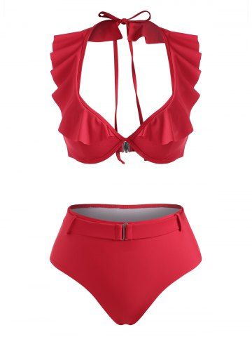 Halter Ruffle Monowire con cinturón de cintura alta, traje de baño - RED - M