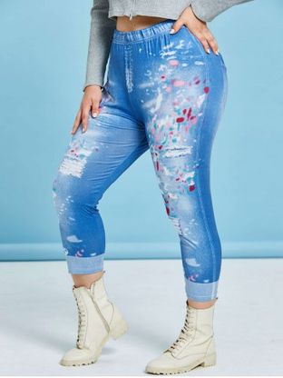 Plus Size 3D Ripped Jean Print Cropped Jeggings