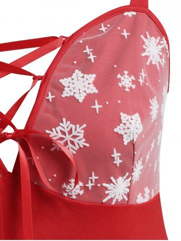 Christmas Snowflake Mesh Panel Lace Up Plus Size Dress