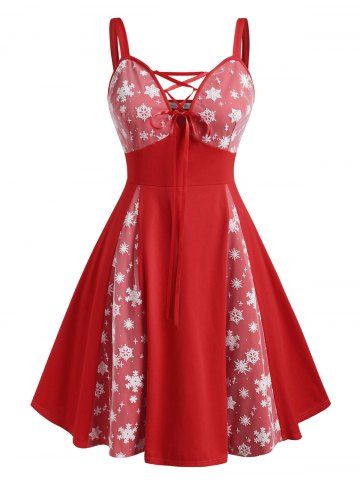 Christmas Snowflake Mesh Panel Lace Up Plus Size Dress