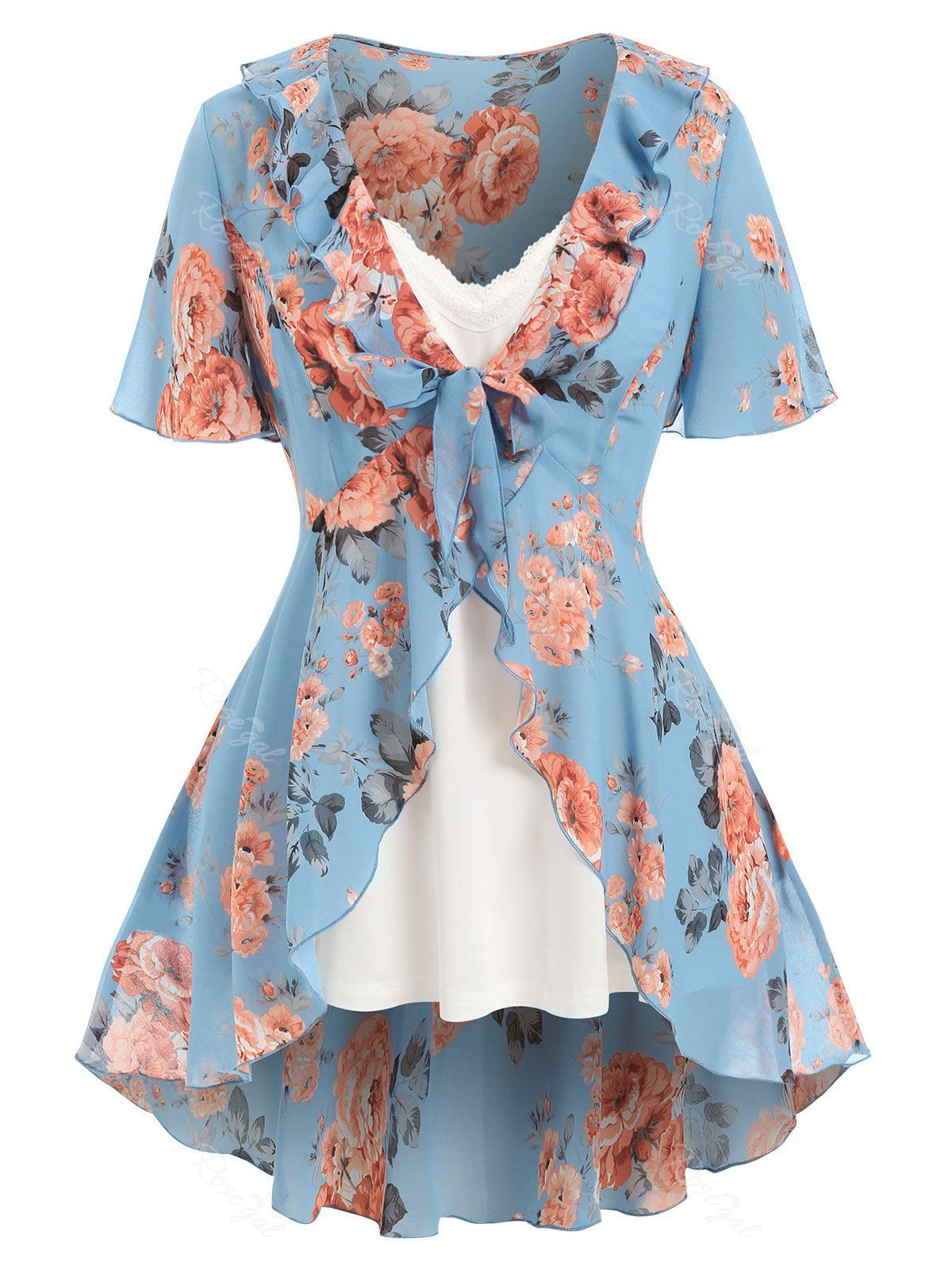 Trendy Plus Size Flower Ruffle Tie Blouse with Cami Top Set  