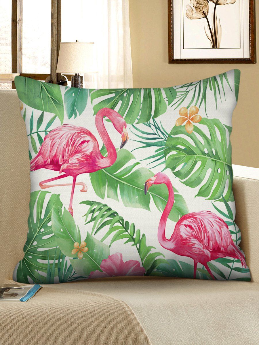 

Printed Flamingo Tropical Leaves Linen Square Pillowcase, Clover green