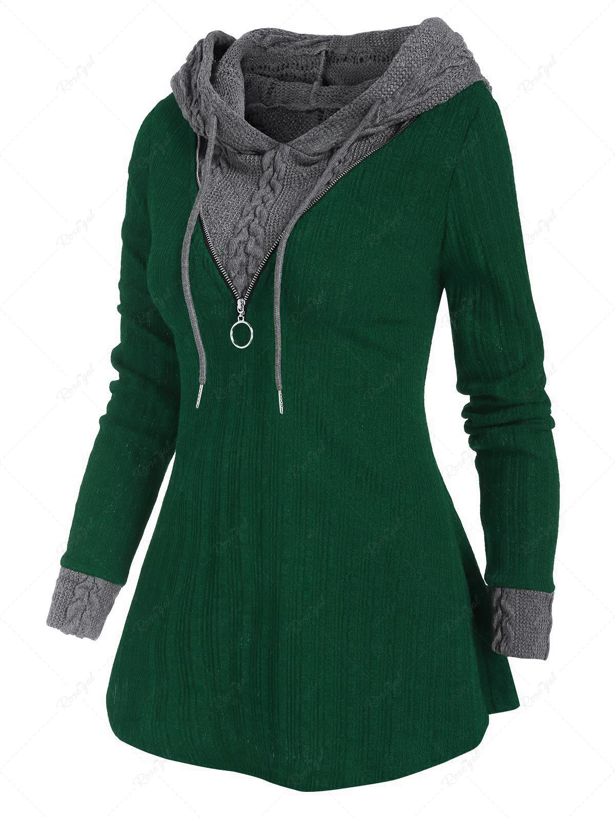 

Colorblock Zip Embellished Hooded Sweater, Deep green