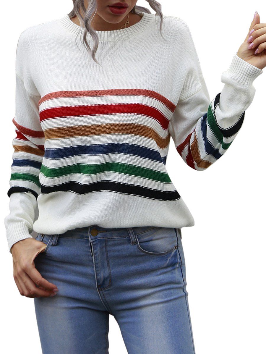 

Drop Shoulder Rainbow Stripes Jumper Sweater, White