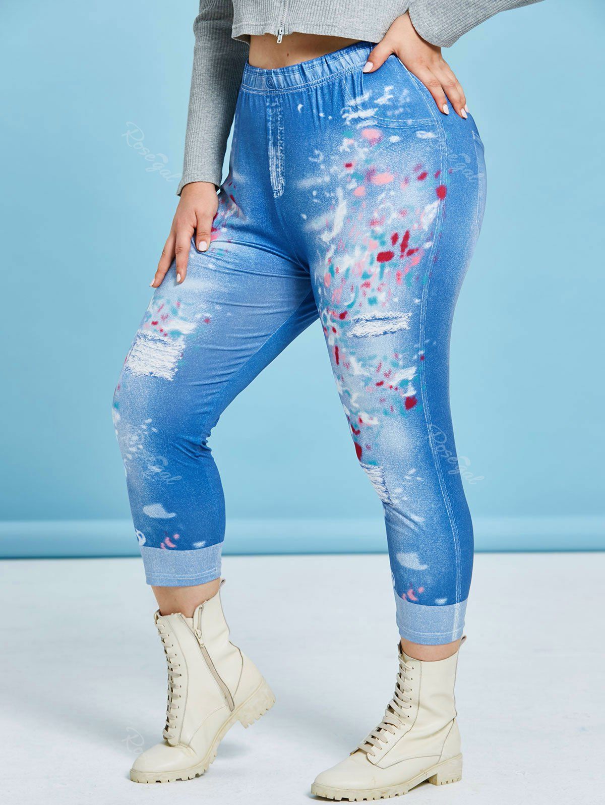 Sale Plus Size 3D Ripped Jean Print Cropped Jeggings  
