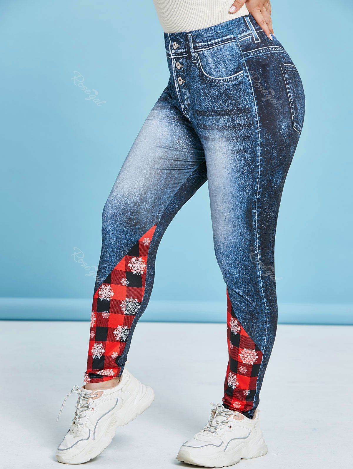 

Plus Size Christmas Plaid Snowflake Print Skinny Jeggings, Blue