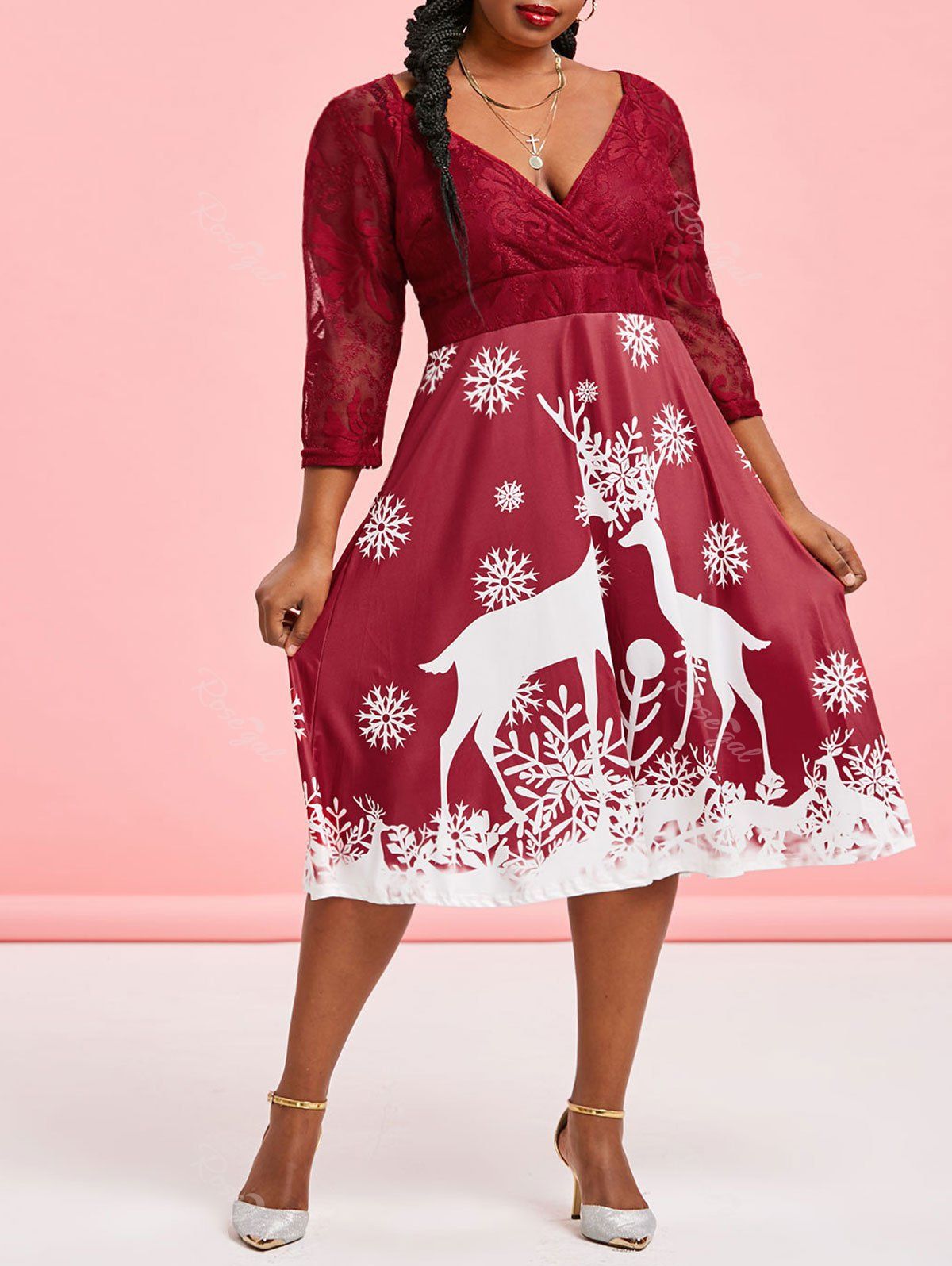 Online Plus Size Christmas Snowflake Lace Surplice Plunging Dress  