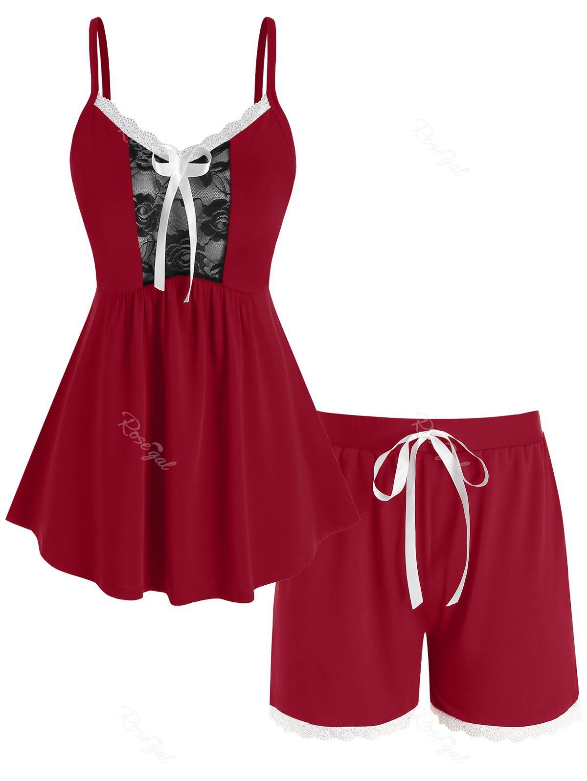 

Plus Size Lace Panel Tie Bowknot Cami Pajamas Set, Red