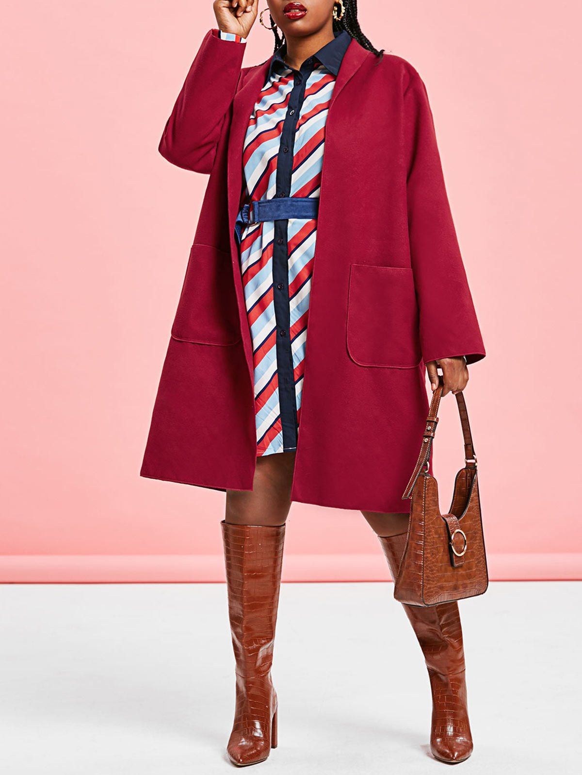 

Plus Size Shawl Collar Patched Pocket Tunic Coat, Red wine