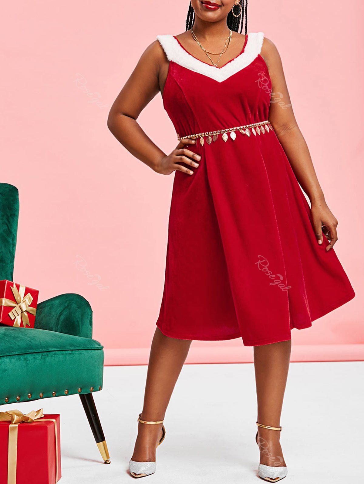 Best Plus Size Christmas Dual V Neck Velvet A Line Dress  