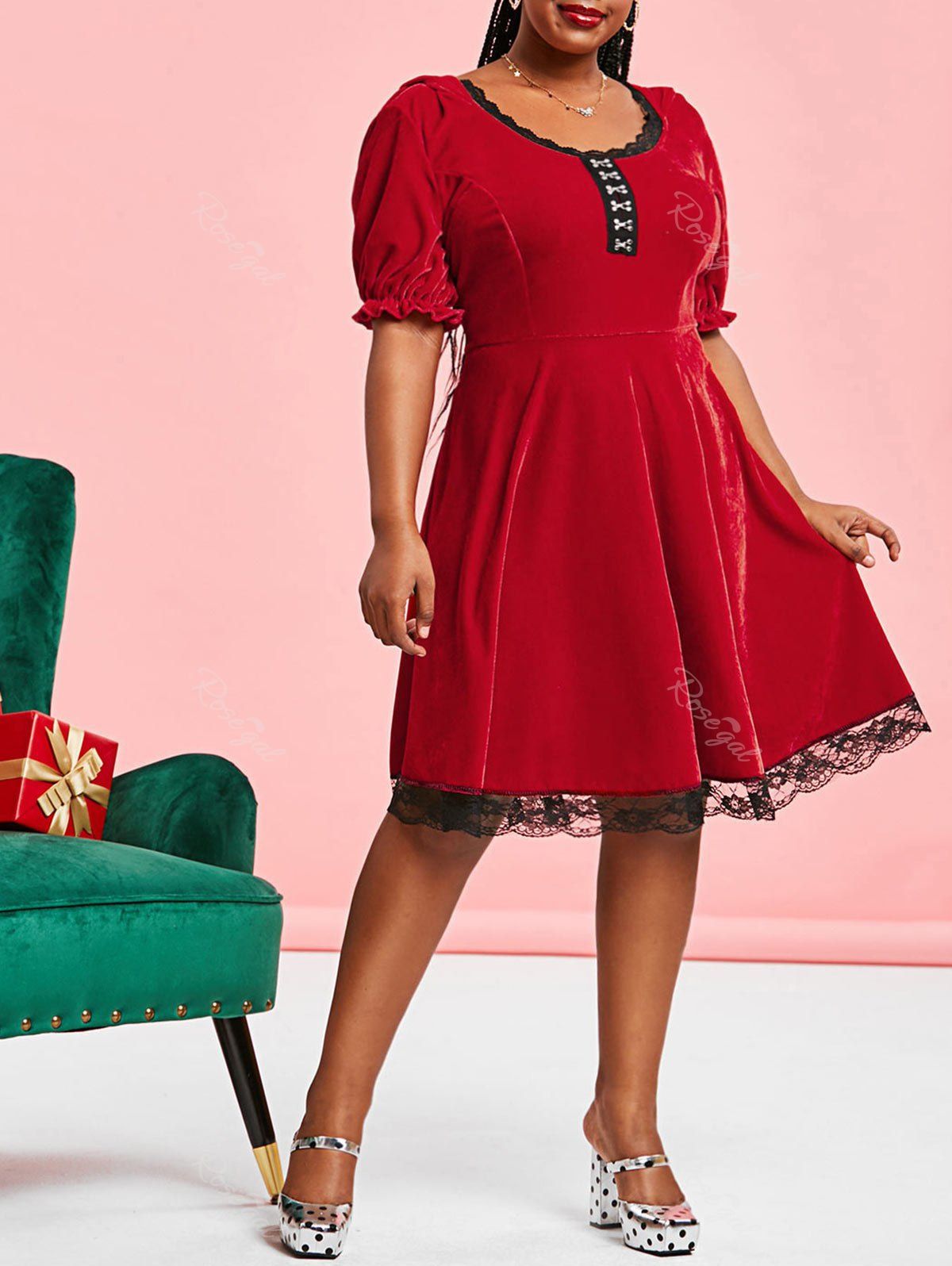 Rosegal Plus Size Velvet Hook and Eye Lace Panel A Line Dress