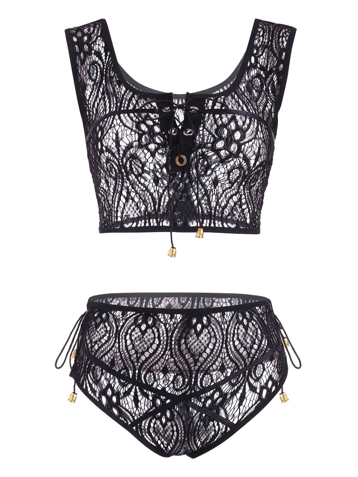

Lace-up Bells Lace Lingerie Set, Black