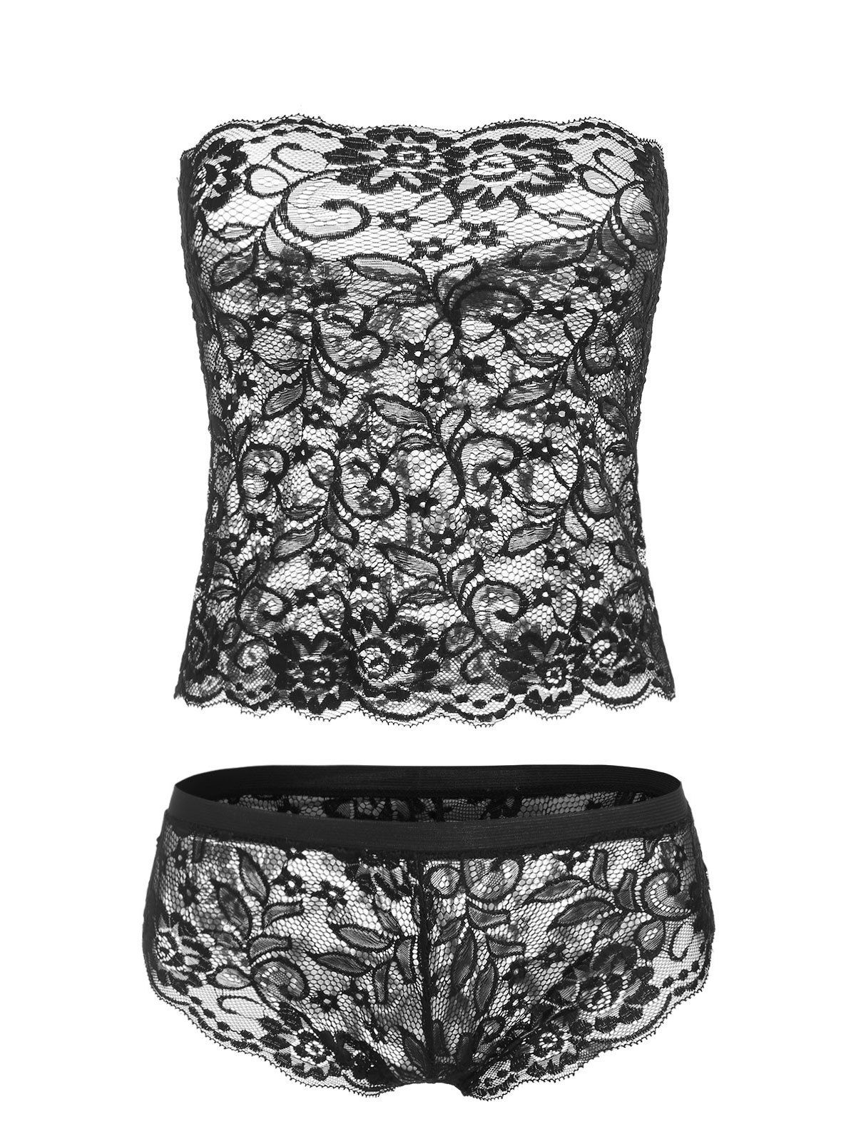 

Sheer Lace Strapless Top and Panty Set, Black