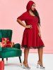 Plus Size Velvet Hook and Eye Lace Panel A Line Dress -  