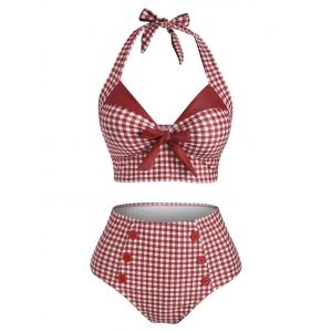 

Gingham Bowknot Button Embellished Halter Tankini Swimwear, Red