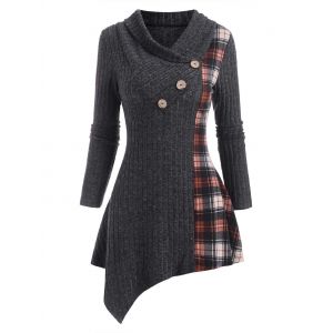 

Cowl Neck Knit Panel Plaid Asymmetrical Long Sleeve Top, Gray