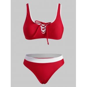 

Contrast Piping Lace Up Colorblock Cheeky Bikini Swimwear, Red