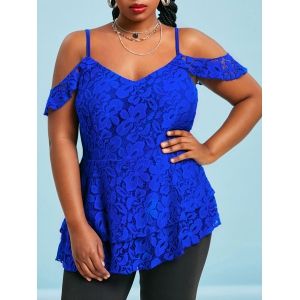 

Cold Shoulder Layered Hem Plus Size Lace Blouse, Blue