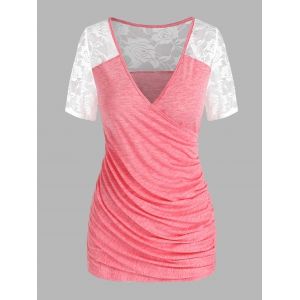 

Lace Insert Ruched Surplice Tee, Light pink