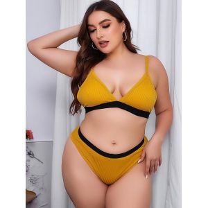 

Plus Size Ribbed Contrast Band Bra Set, Yellow