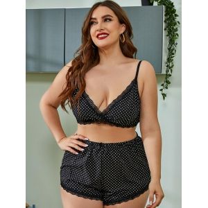 

Plus Size Polka Dot Lace Panel Pajama Set, Black