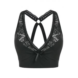 

Plus Size Lace Panel Plunging Ring Cross Cropped Bralette Top, Black