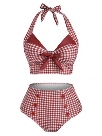 Gingham Bowknot Button Embellished Halter Tankini Swimwear - RED - S