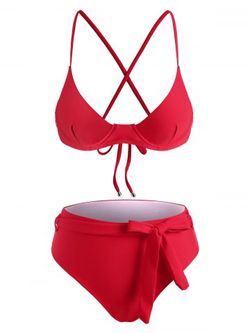 Underwire Belted High Waisted Bikini Swimwear - RED - XL