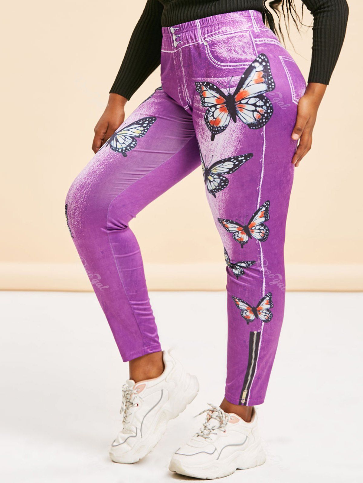 

High Waisted 3D Print Butterfly Plus Size Jeggings, Purple