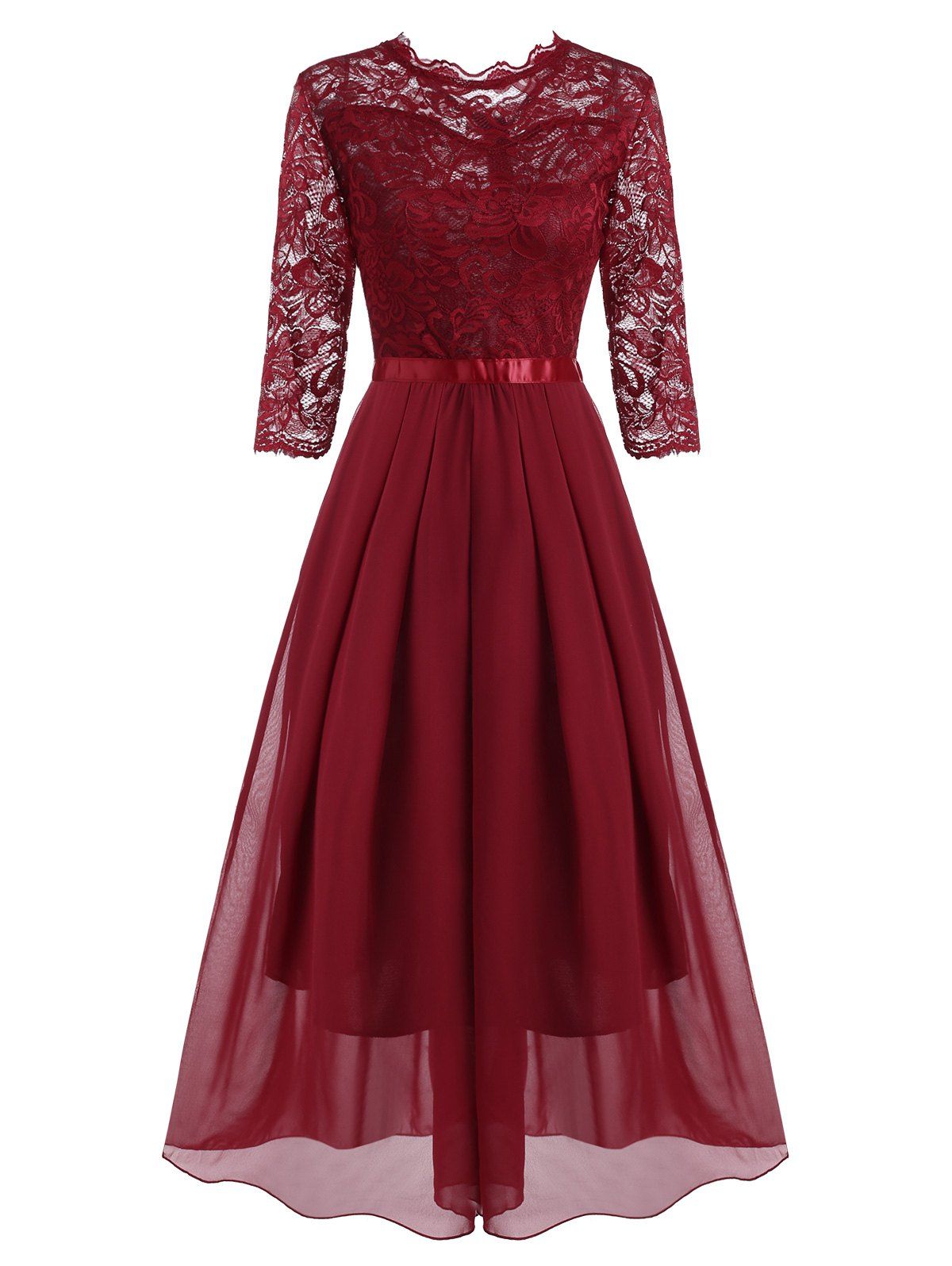 

Lace and Chiffon Pleated Detail Floor Length Dress, Red