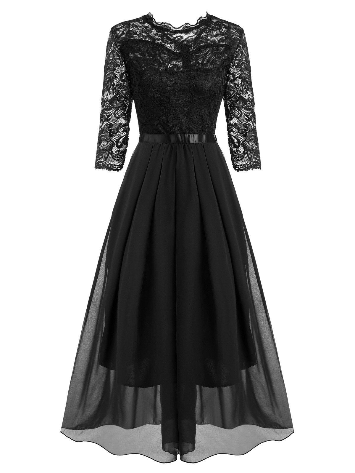 

Lace and Chiffon Pleated Detail Floor Length Dress, Black