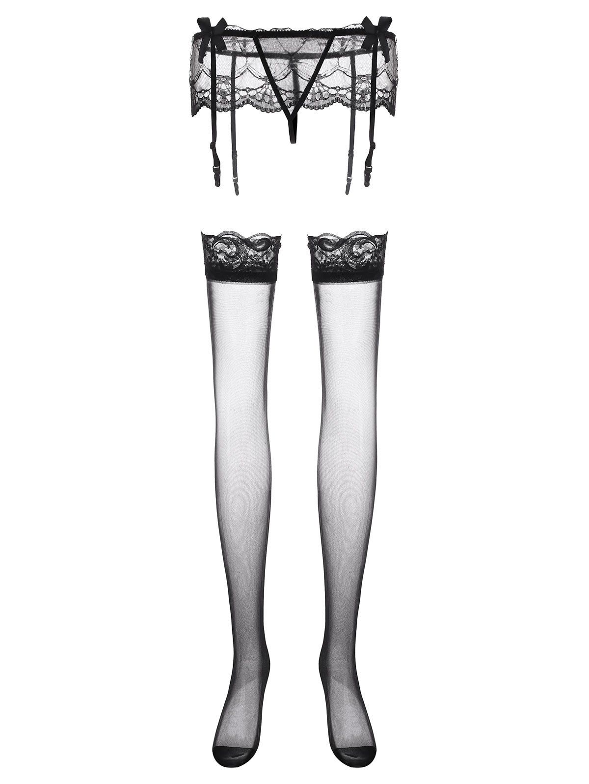 

Lace Panel Bowknot Gartered Stockings, Black