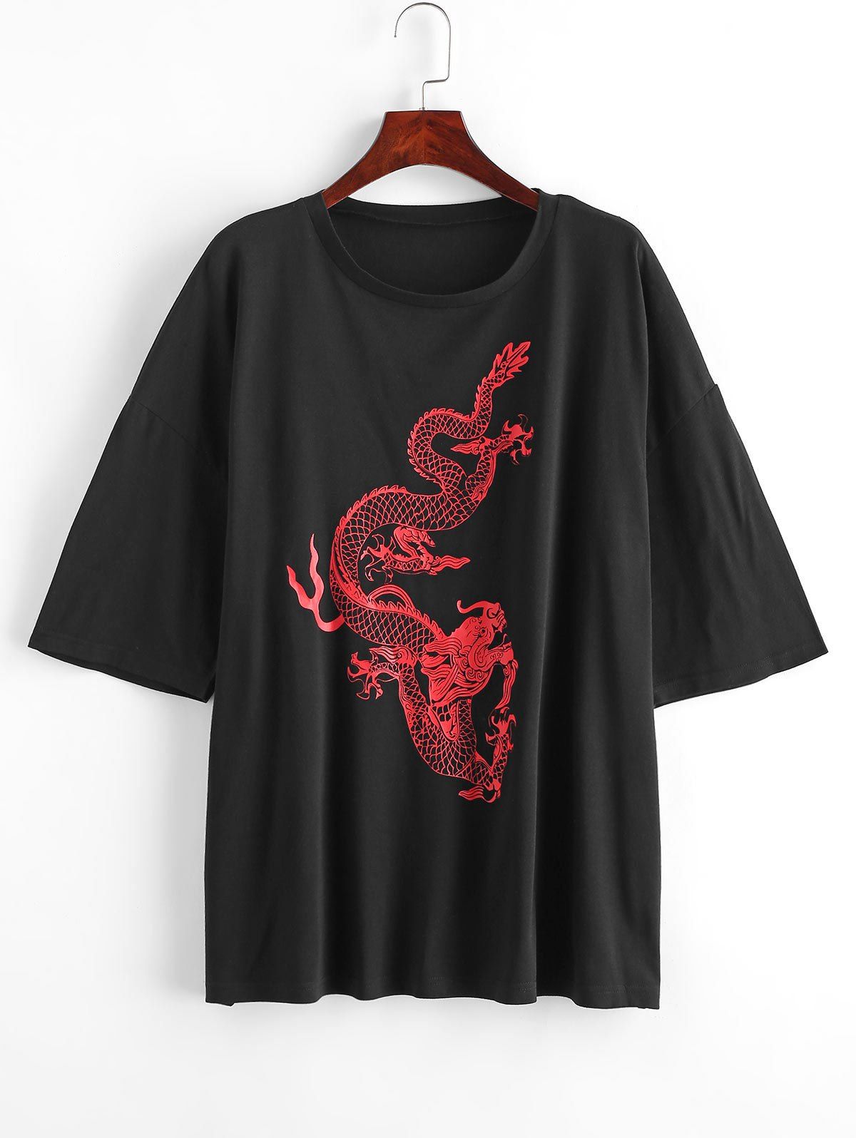 

Plus Size Chinese Dragon Print Long Tee, Black