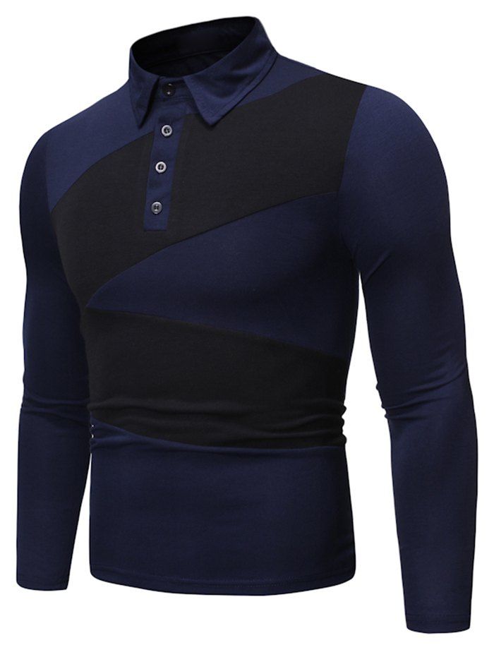 

Long Sleeve Quarter Button Contrast T-shirt, Deep blue