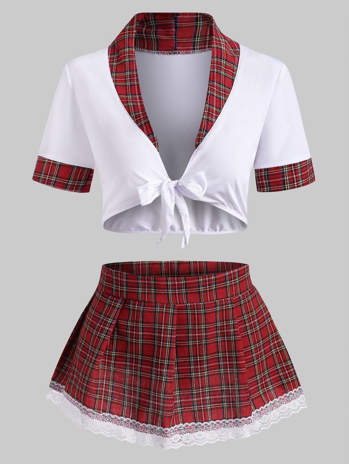 

Plaid Lace Trim Tie Front Prep School Costume, White