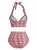 Maillot de Bain Tankini Embelli de Bouton et de Nœud Papillon en Vichy à Col Halter - Rouge 2XL