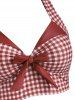 Maillot de Bain Tankini Embelli de Bouton et de Nœud Papillon en Vichy à Col Halter - Rouge 2XL