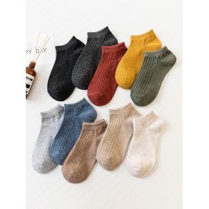 

10 Pairs Solid Ribbed Ankle Socks Set, Multi