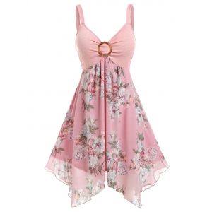 

Plus Size Flower Handkerchief Ring Backless Tank Dress, Light pink