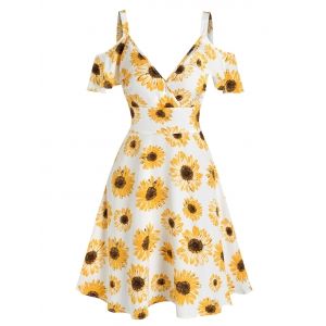 

Cold Shoulder Daisy Print Flare Dress, Multi