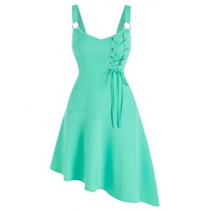 

Sleeveless O-ring Asymmetrical Lace-up Dress, Green