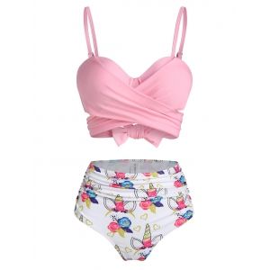 

Flower Unicorn Print Wrap Ruched Padded Bikini Set, Light pink
