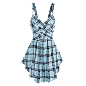 

Plaid Print Crossover Flare Tank Top, Light blue