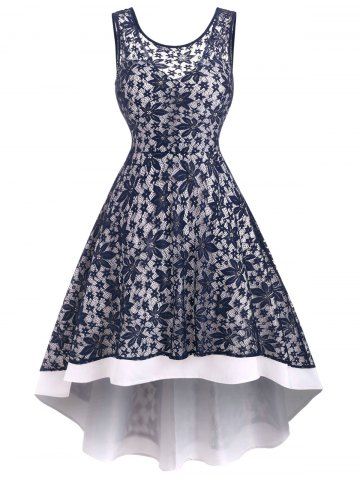 Dip Hem Lace Flower Sheer Party Dress - DEEP BLUE - S
