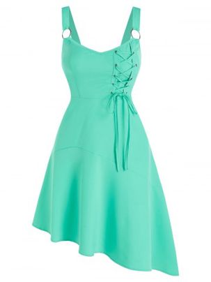 Sleeveless O-ring Asymmetrical Lace-up Dress