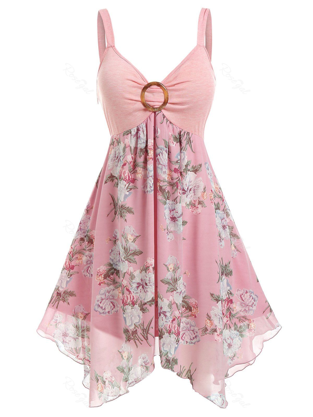 Trendy Plus Size Flower Handkerchief Ring Backless Tank Dress  