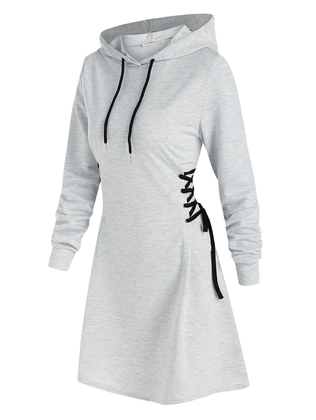 

Drawstring Lace Up Mini Hoodie Dress, Platinum